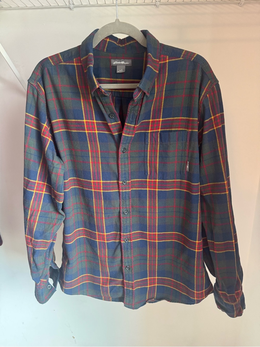 Eddie Bauer Navy and Green Plaid Long-Sleeve Button-Down Shirt